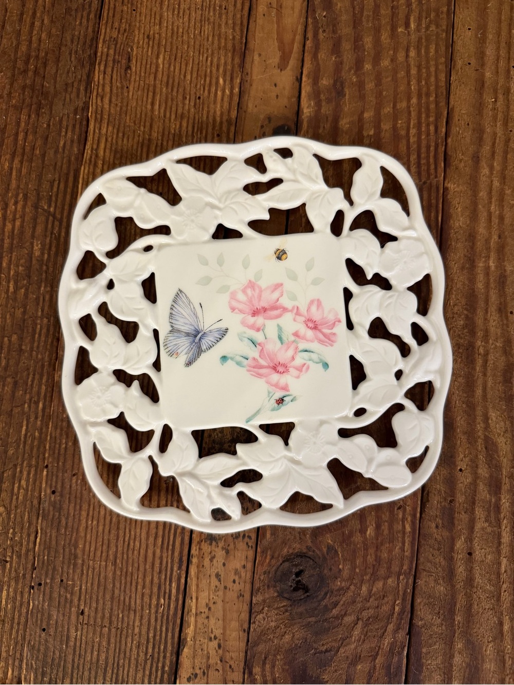 Lenox Delicate White Ceramic Trivet Plate w/ Pink Floral & Blue Butterfly Accent
